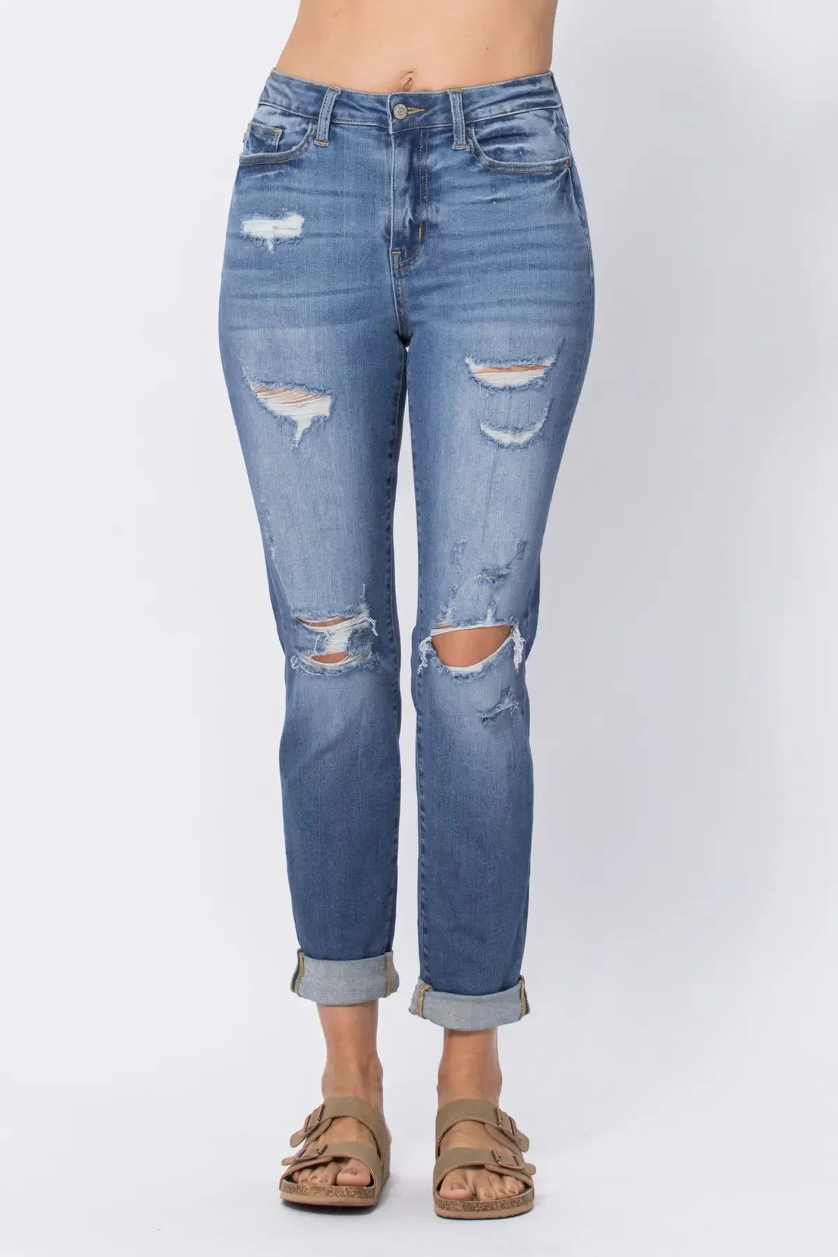 Judy Blue HW Cuffed Destroyed Boyfriend Jeans