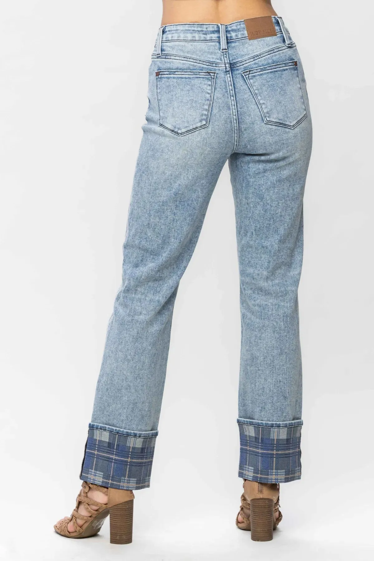 Judy Blue Vintage Plaid Cuff Straight Leg