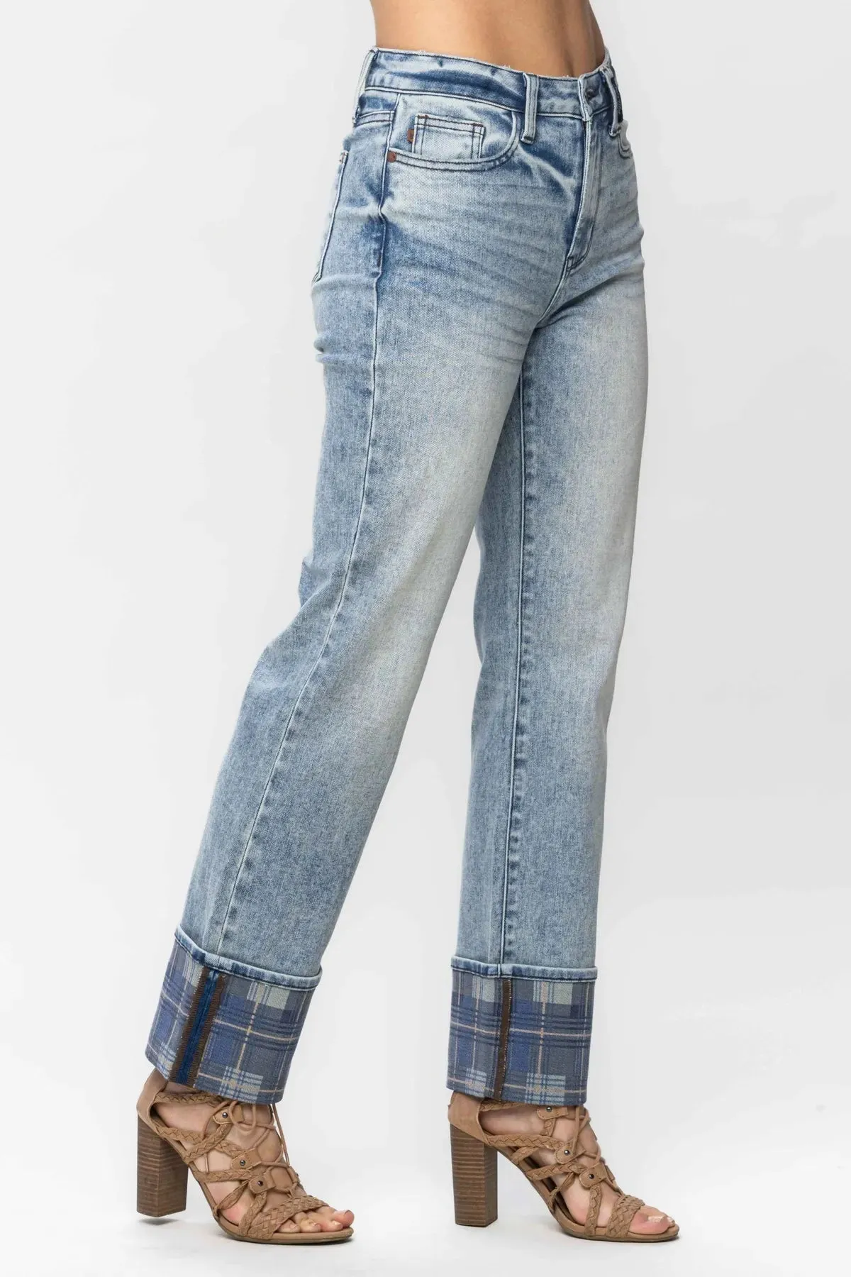 Judy Blue Vintage Plaid Cuff Straight Leg