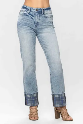 Judy Blue Vintage Plaid Cuff Straight Leg