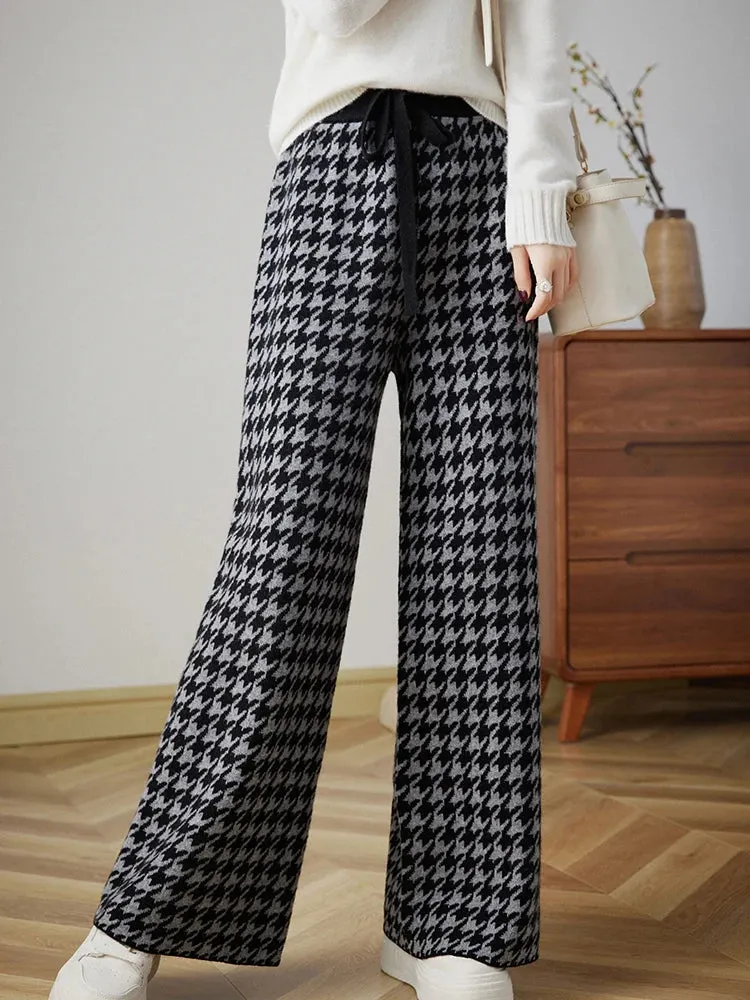 LVSANW 100% Wool Knitted Thousand Bird Check Wide Leg Pants Women's Autumn/Winter High-waist Straight Pants Fashion Thick Warm Trousers