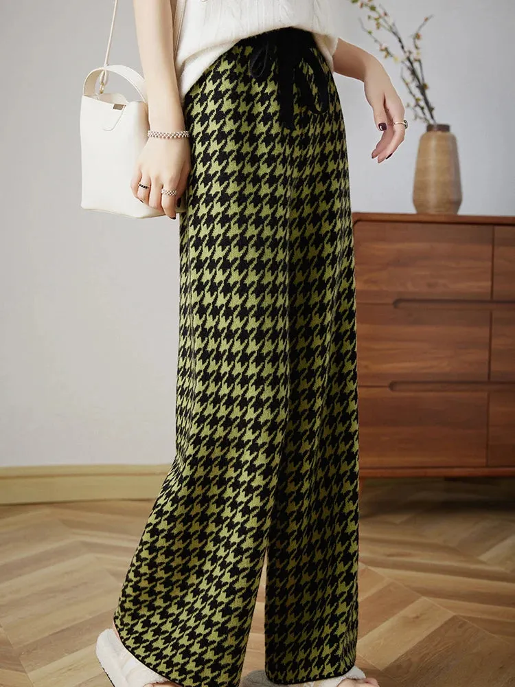 LVSANW 100% Wool Knitted Thousand Bird Check Wide Leg Pants Women's Autumn/Winter High-waist Straight Pants Fashion Thick Warm Trousers