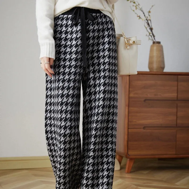 LVSANW 100% Wool Knitted Thousand Bird Check Wide Leg Pants Women's Autumn/Winter High-waist Straight Pants Fashion Thick Warm Trousers