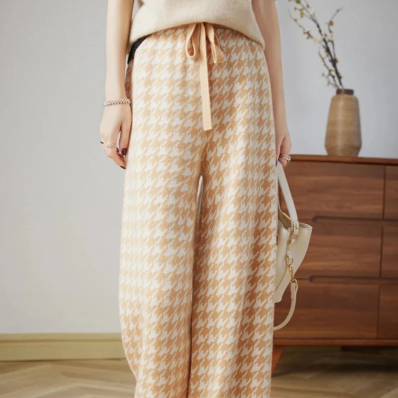 LVSANW 100% Wool Knitted Thousand Bird Check Wide Leg Pants Women's Autumn/Winter High-waist Straight Pants Fashion Thick Warm Trousers