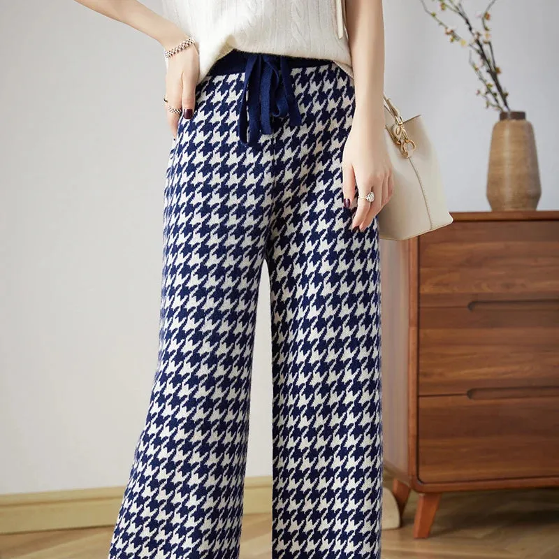 LVSANW 100% Wool Knitted Thousand Bird Check Wide Leg Pants Women's Autumn/Winter High-waist Straight Pants Fashion Thick Warm Trousers