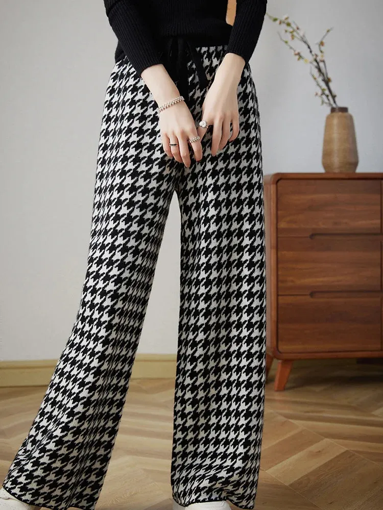 LVSANW 100% Wool Knitted Thousand Bird Check Wide Leg Pants Women's Autumn/Winter High-waist Straight Pants Fashion Thick Warm Trousers