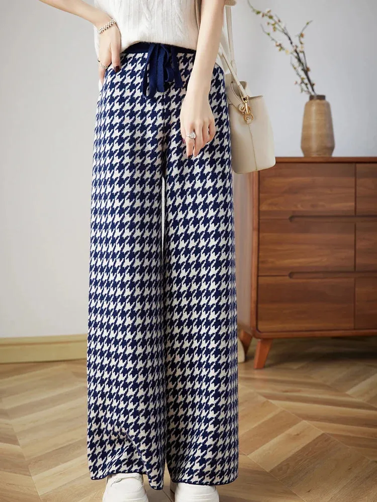 LVSANW 100% Wool Knitted Thousand Bird Check Wide Leg Pants Women's Autumn/Winter High-waist Straight Pants Fashion Thick Warm Trousers