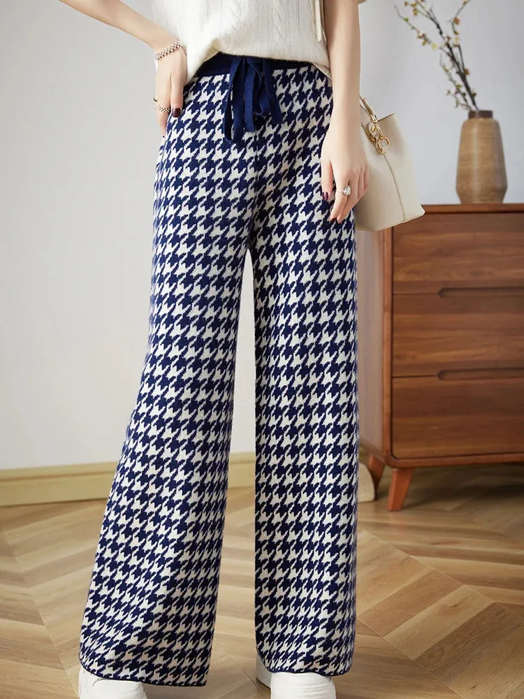 LVSANW 100% Wool Knitted Thousand Bird Check Wide Leg Pants Women's Autumn/Winter High-waist Straight Pants Fashion Thick Warm Trousers