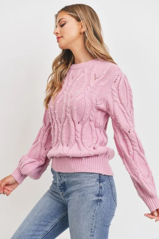 Mauve Pearl Embellished Cable Knit Sweater