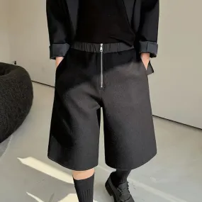 Men's Casual Shorts Elastic Waist Lace-up Versatile Zipper Placket Personalized Woolen Splicing Straight Wide Leg Capris