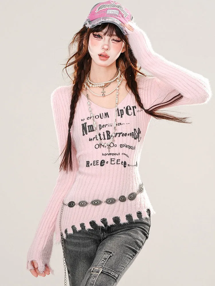 Pink/Black Letters Asymmetrical Distress Hem V-neck Slim-fit Sweater