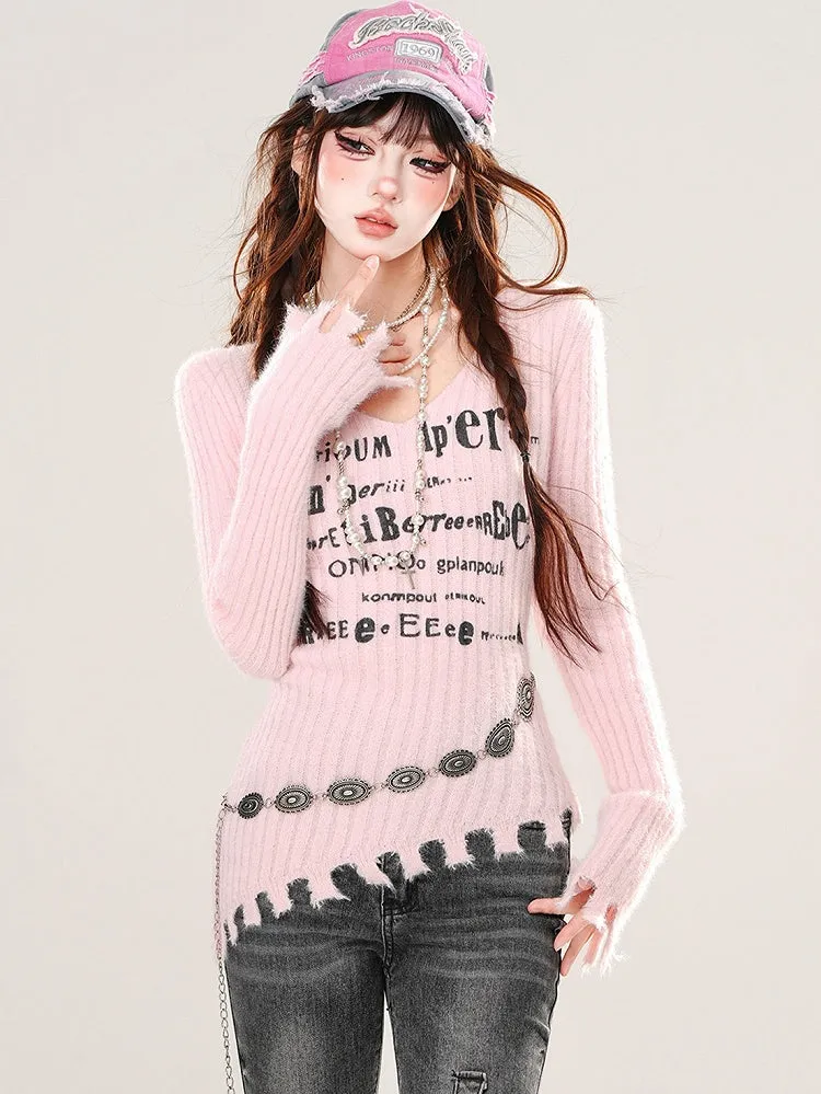 Pink/Black Letters Asymmetrical Distress Hem V-neck Slim-fit Sweater
