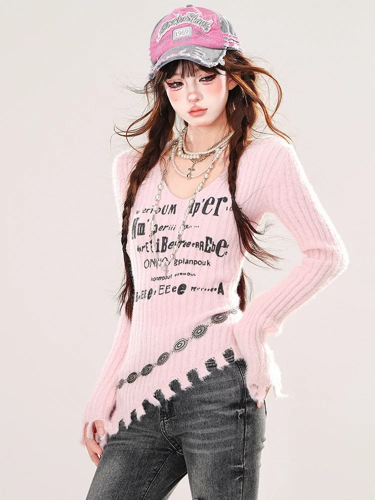Pink/Black Letters Asymmetrical Distress Hem V-neck Slim-fit Sweater