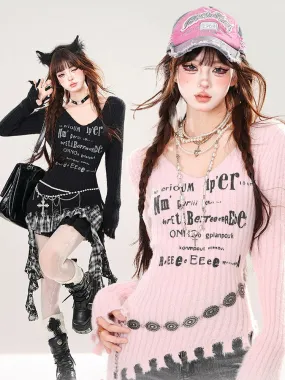 Pink/Black Letters Asymmetrical Distress Hem V-neck Slim-fit Sweater