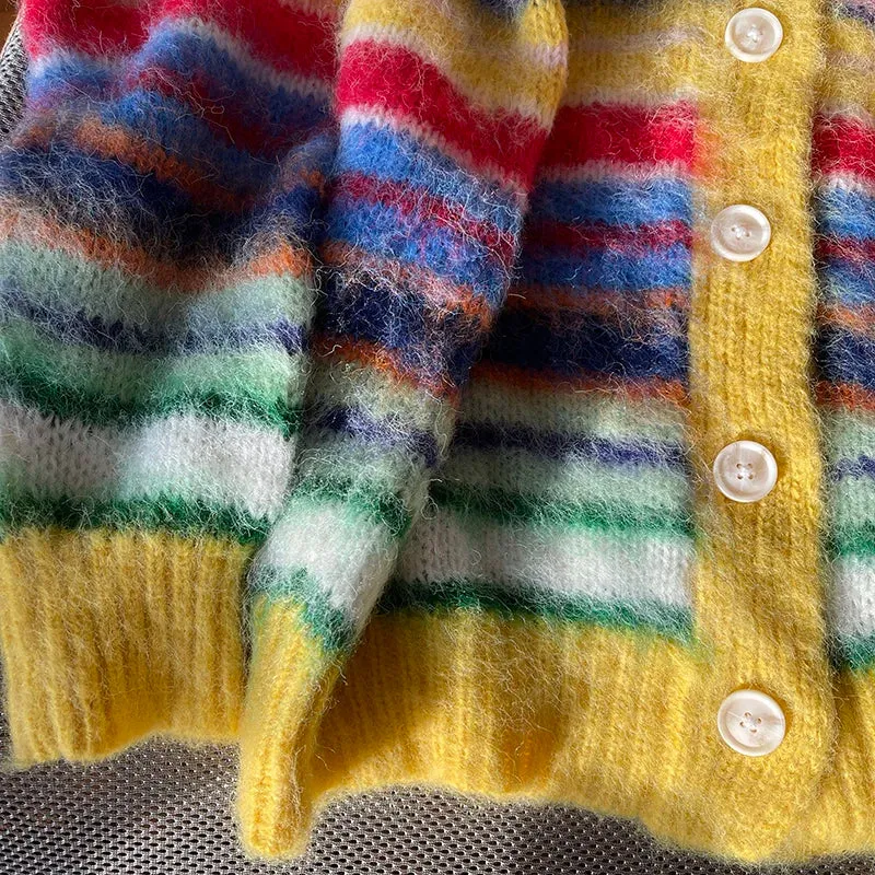 Pre Order:  Multicolor Striped Long Sleeves V-Neck Cardigan Sweater