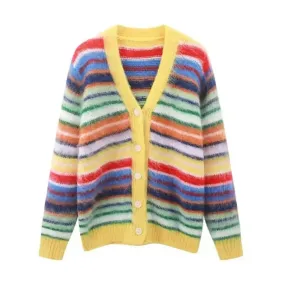 Pre Order:  Multicolor Striped Long Sleeves V-Neck Cardigan Sweater