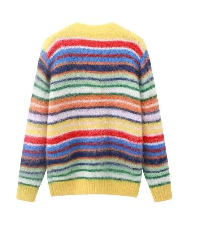 Pre Order:  Multicolor Striped Long Sleeves V-Neck Cardigan Sweater