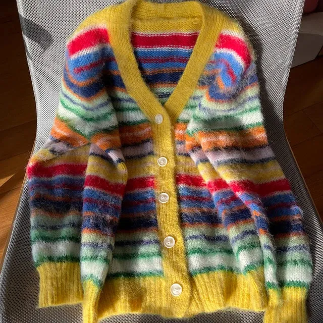 Pre Order:  Multicolor Striped Long Sleeves V-Neck Cardigan Sweater