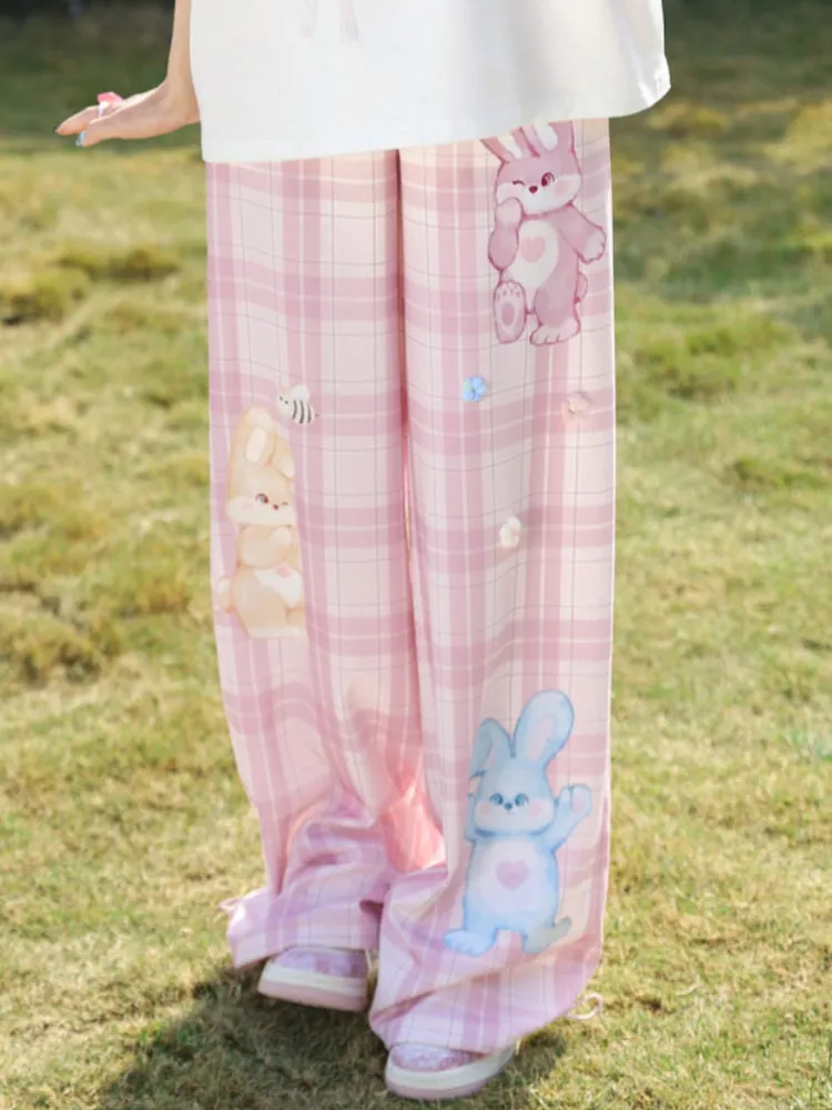 Rabbit Print Pink Checkered Wide-Leg Pants
