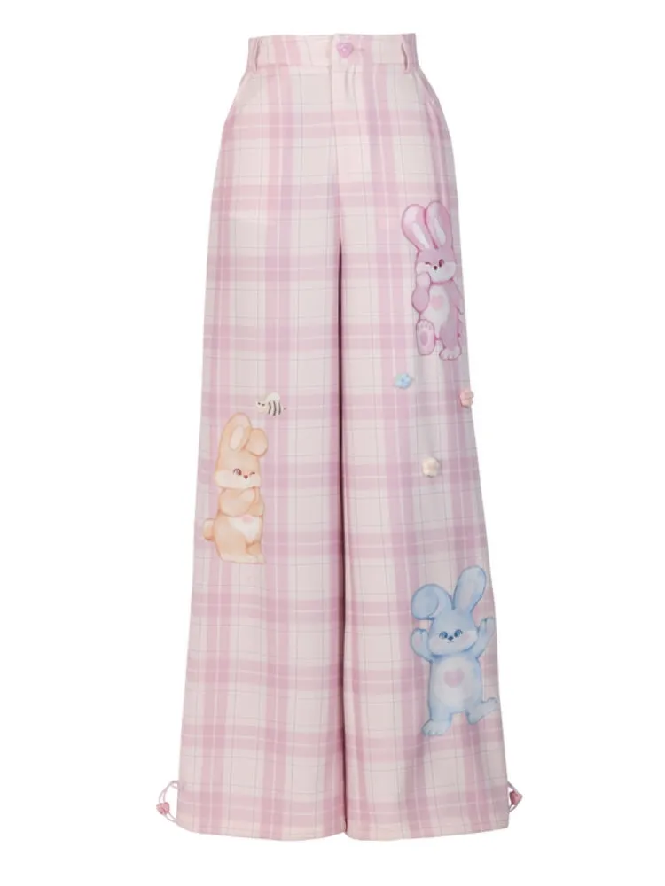 Rabbit Print Pink Checkered Wide-Leg Pants