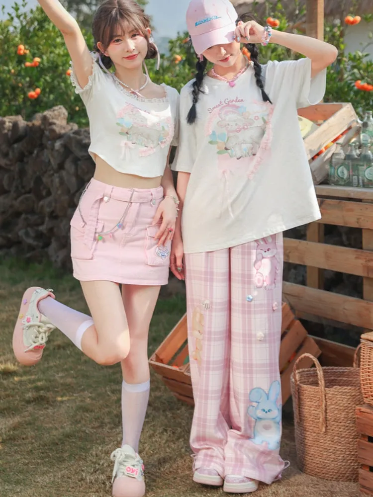 Rabbit Print Pink Checkered Wide-Leg Pants