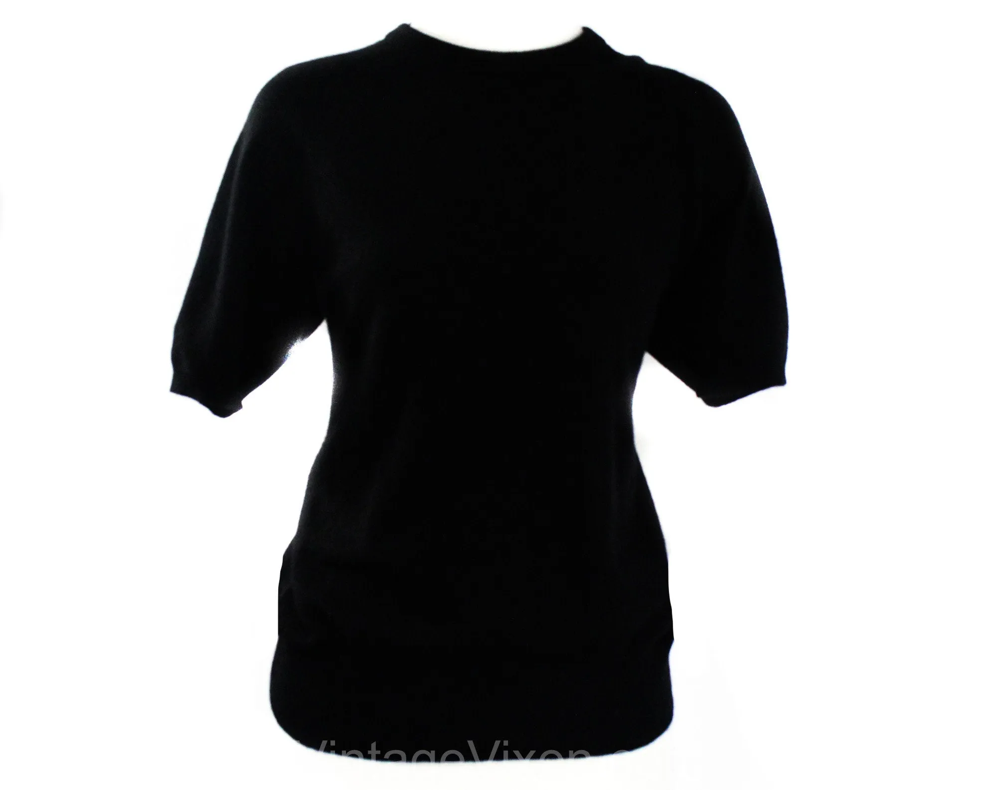 Size 12 Cashmere Sweater - 50s 60s Short Sleeved Black Luxury Knit Pullover - Mid Century Preppie - 1950s Audrey Style Deadstock - Bust 38.5