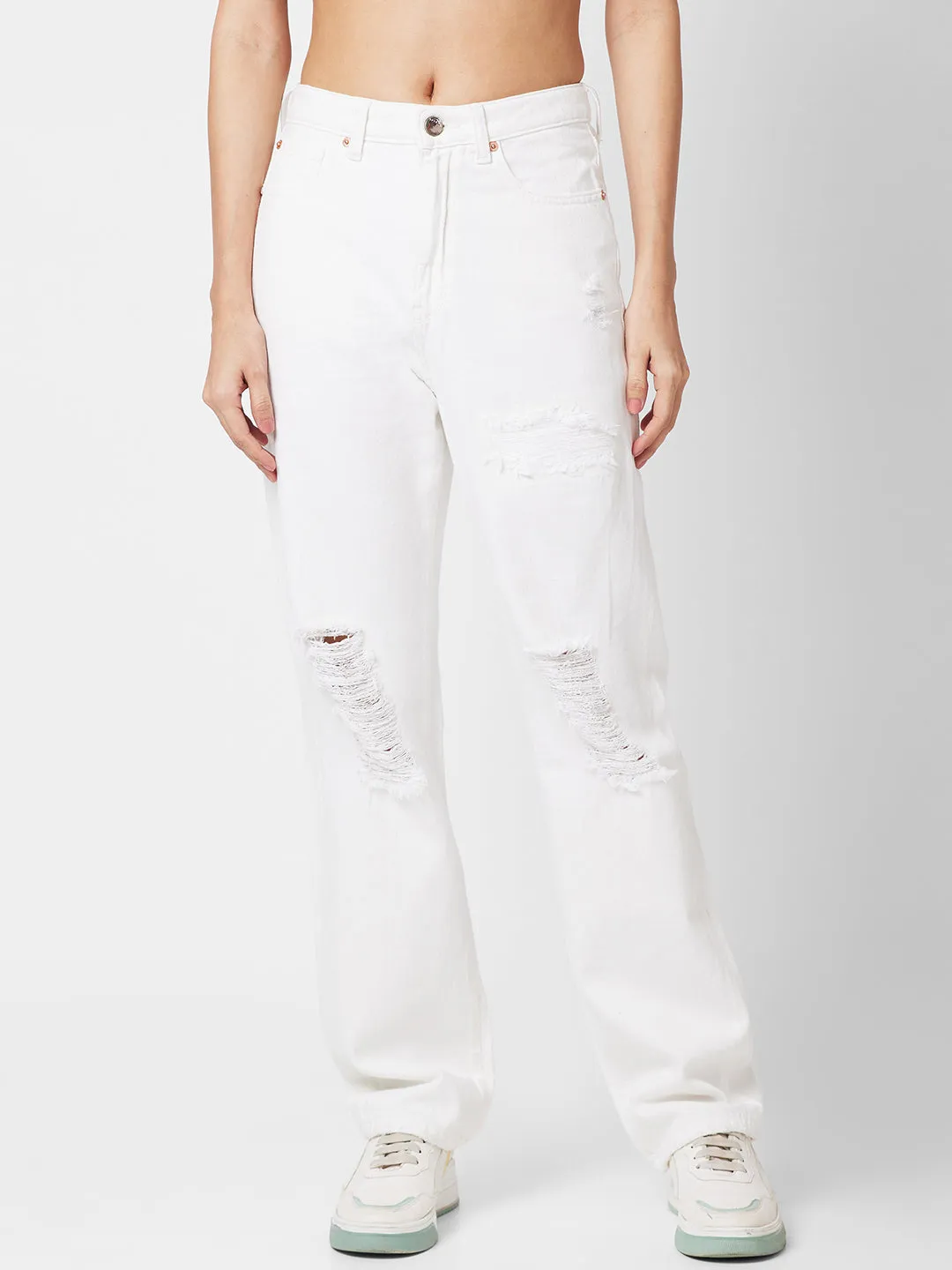 Spykar Women Straight Fit High-Rise Highly Distressed Stretchable Jeans