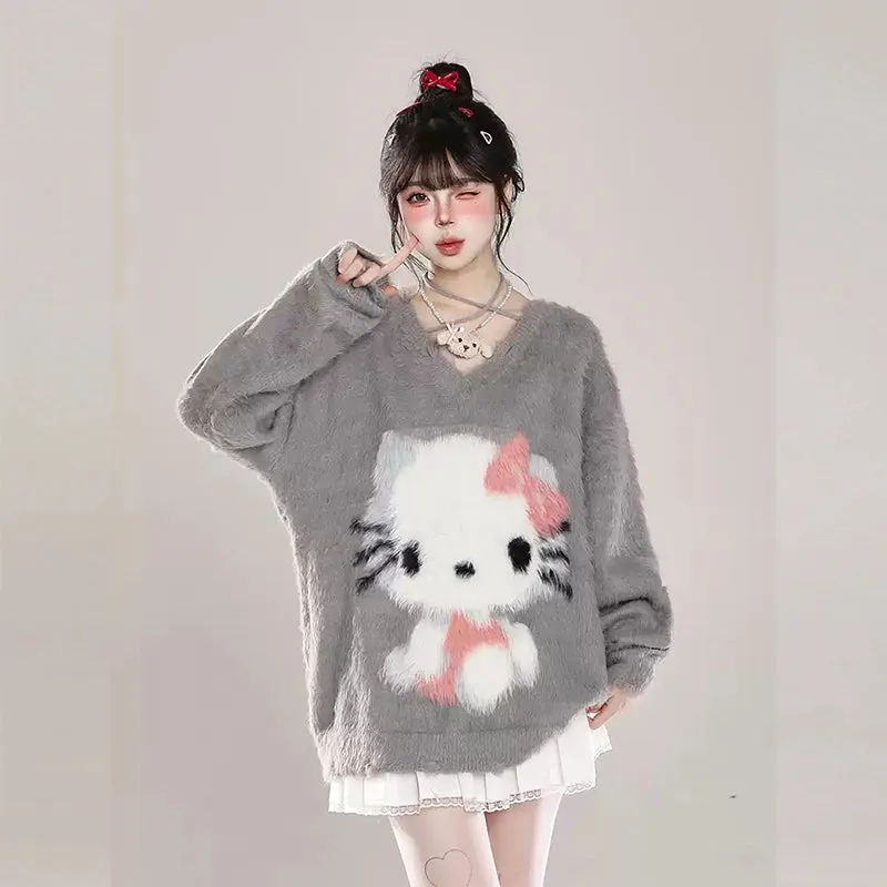 Sweet Girl Style Pink Hello Kitty Embroidered Sweater