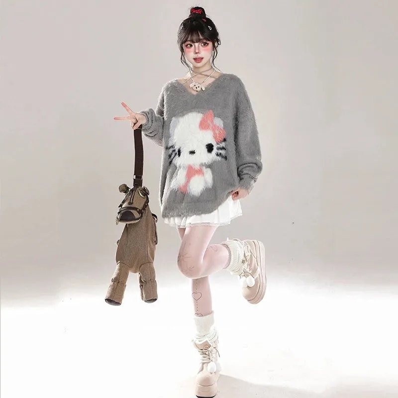 Sweet Girl Style Pink Hello Kitty Embroidered Sweater