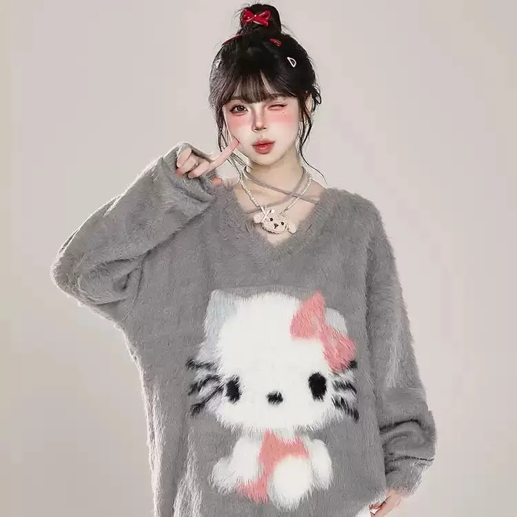 Sweet Girl Style Pink Hello Kitty Embroidered Sweater