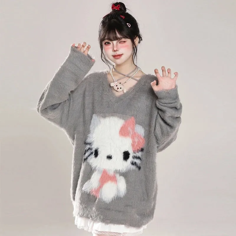Sweet Girl Style Pink Hello Kitty Embroidered Sweater