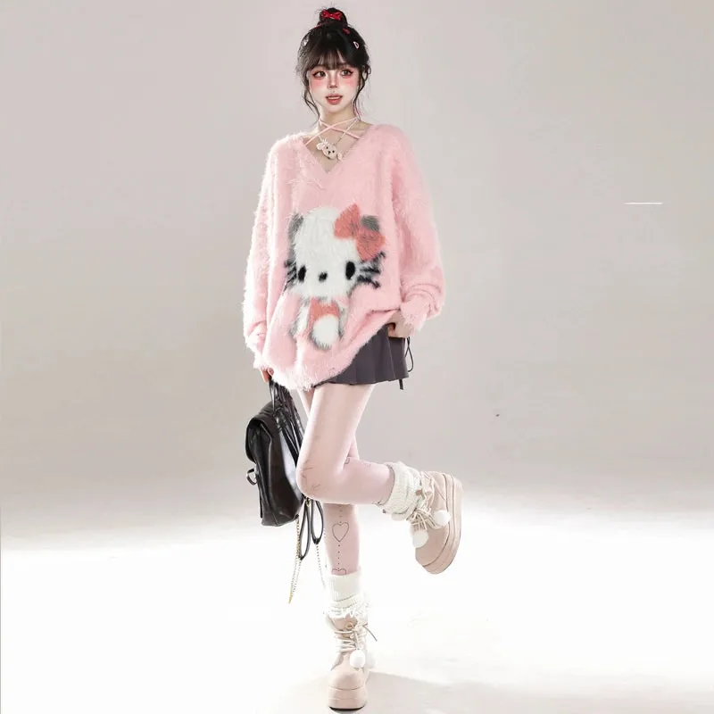 Sweet Girl Style Pink Hello Kitty Embroidered Sweater