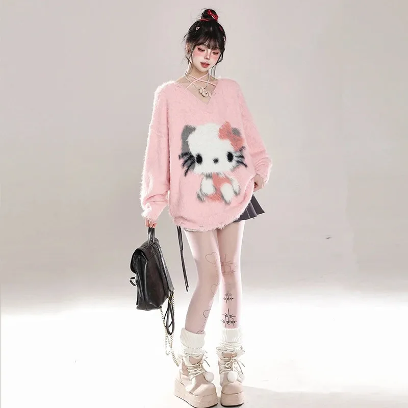 Sweet Girl Style Pink Hello Kitty Embroidered Sweater