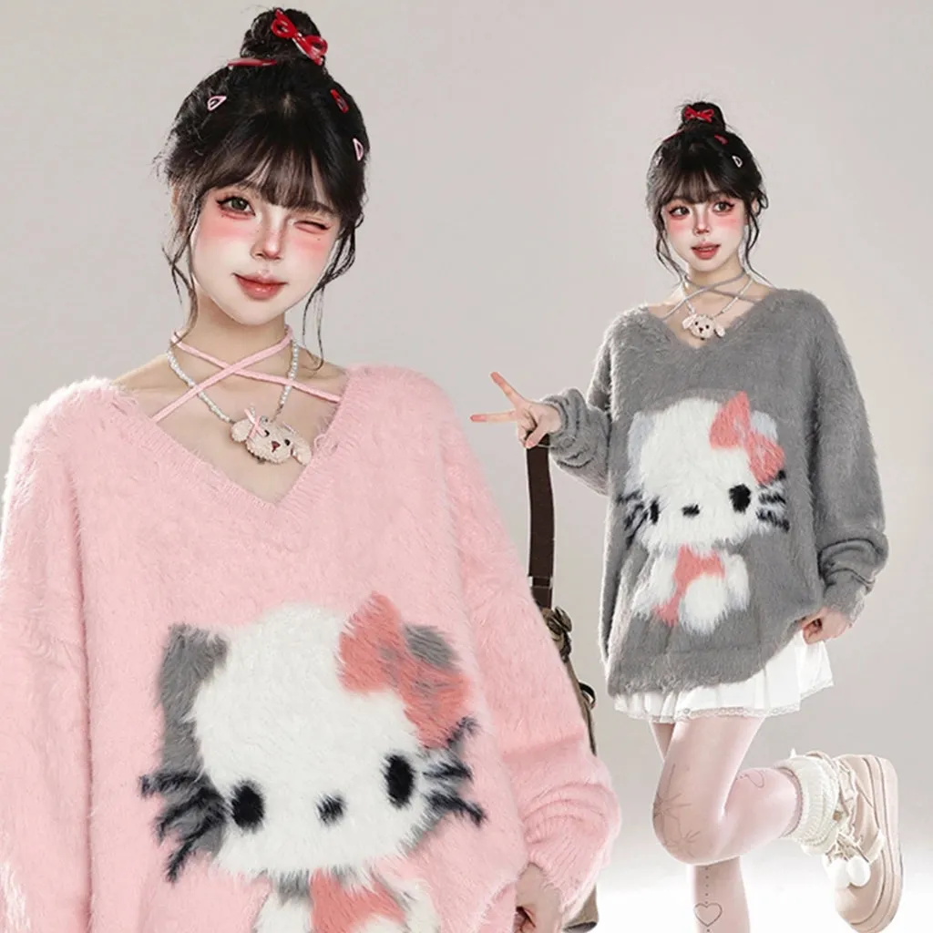 Sweet Girl Style Pink Hello Kitty Embroidered Sweater