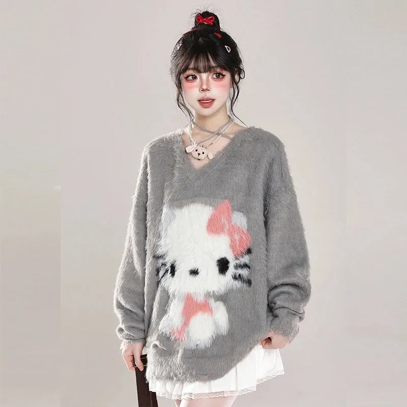 Sweet Girl Style Pink Hello Kitty Embroidered Sweater