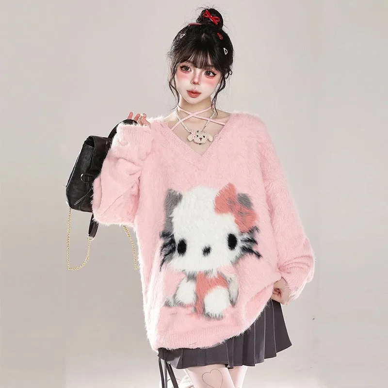 Sweet Girl Style Pink Hello Kitty Embroidered Sweater