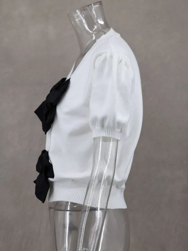TEEK - V-Neck Short-Sleeved Double Bow Sweater