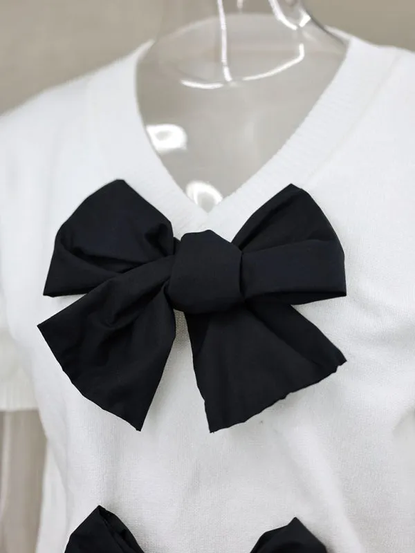 TEEK - V-Neck Short-Sleeved Double Bow Sweater