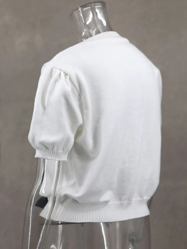 TEEK - V-Neck Short-Sleeved Double Bow Sweater
