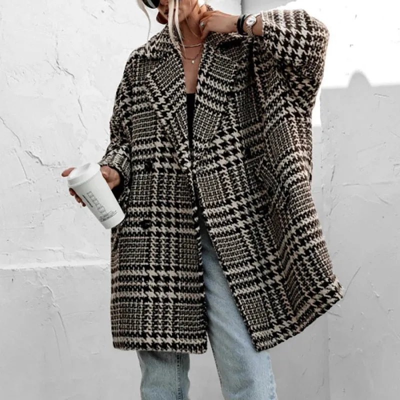 UAKISS  -  Autumn Winter Plaid Printed Loose Jacket Women Turn-down Collar Long Sleeved Woolen Coat Elegant Office Pocket Button Outerwear