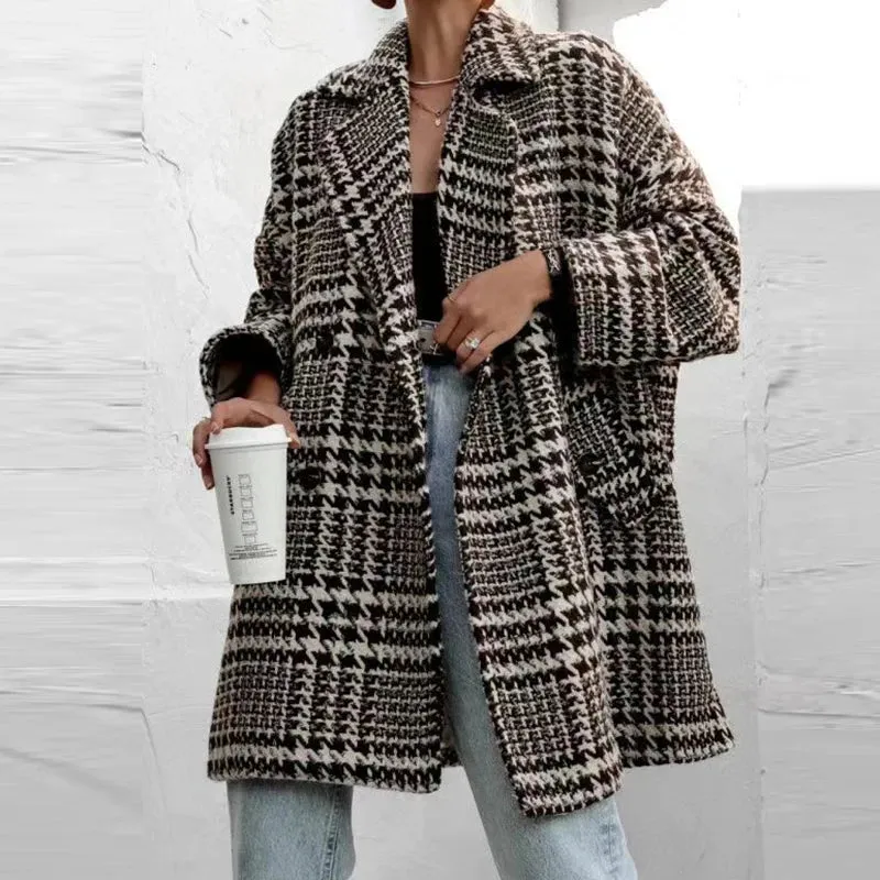 UAKISS  -  Autumn Winter Plaid Printed Loose Jacket Women Turn-down Collar Long Sleeved Woolen Coat Elegant Office Pocket Button Outerwear
