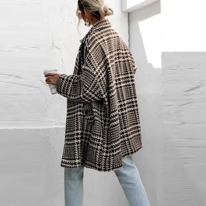 UAKISS  -  Autumn Winter Plaid Printed Loose Jacket Women Turn-down Collar Long Sleeved Woolen Coat Elegant Office Pocket Button Outerwear