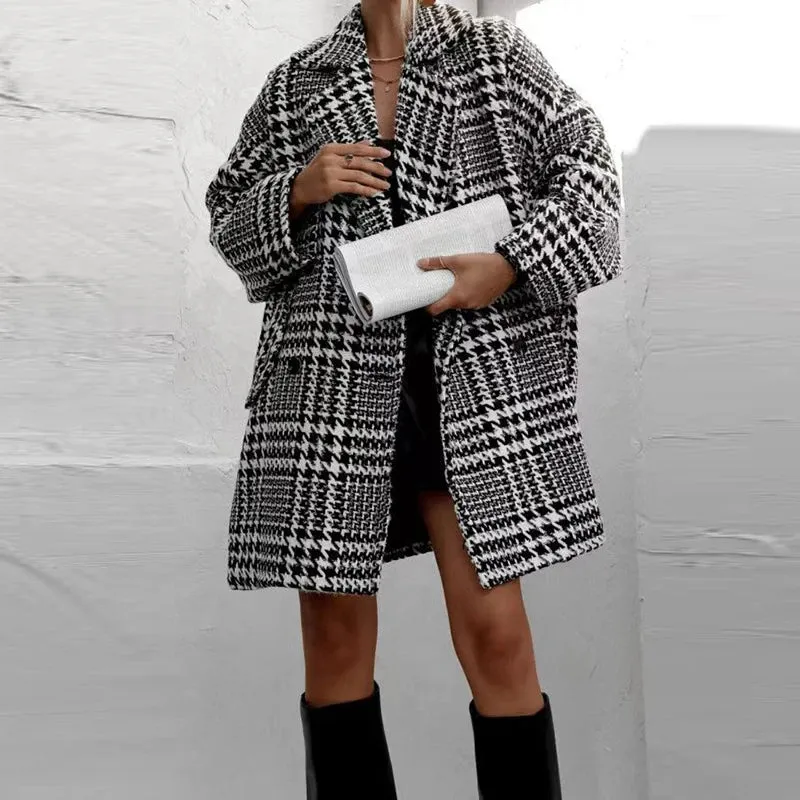UAKISS  -  Autumn Winter Plaid Printed Loose Jacket Women Turn-down Collar Long Sleeved Woolen Coat Elegant Office Pocket Button Outerwear
