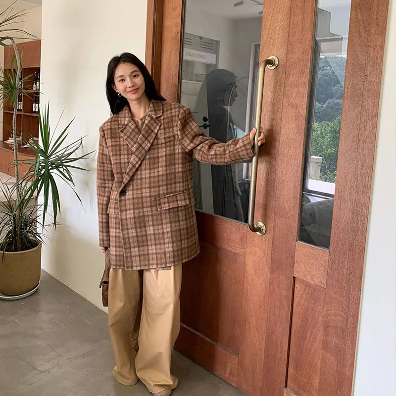 Wenkouban fall outfits women 24 Autumn and Winter Classic British Retro Plaid Cardigan Suit Long Wool Double-Sided Wool Coat