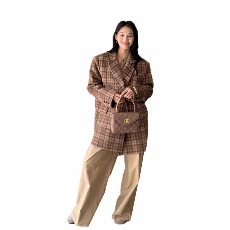 Wenkouban fall outfits women 24 Autumn and Winter Classic British Retro Plaid Cardigan Suit Long Wool Double-Sided Wool Coat