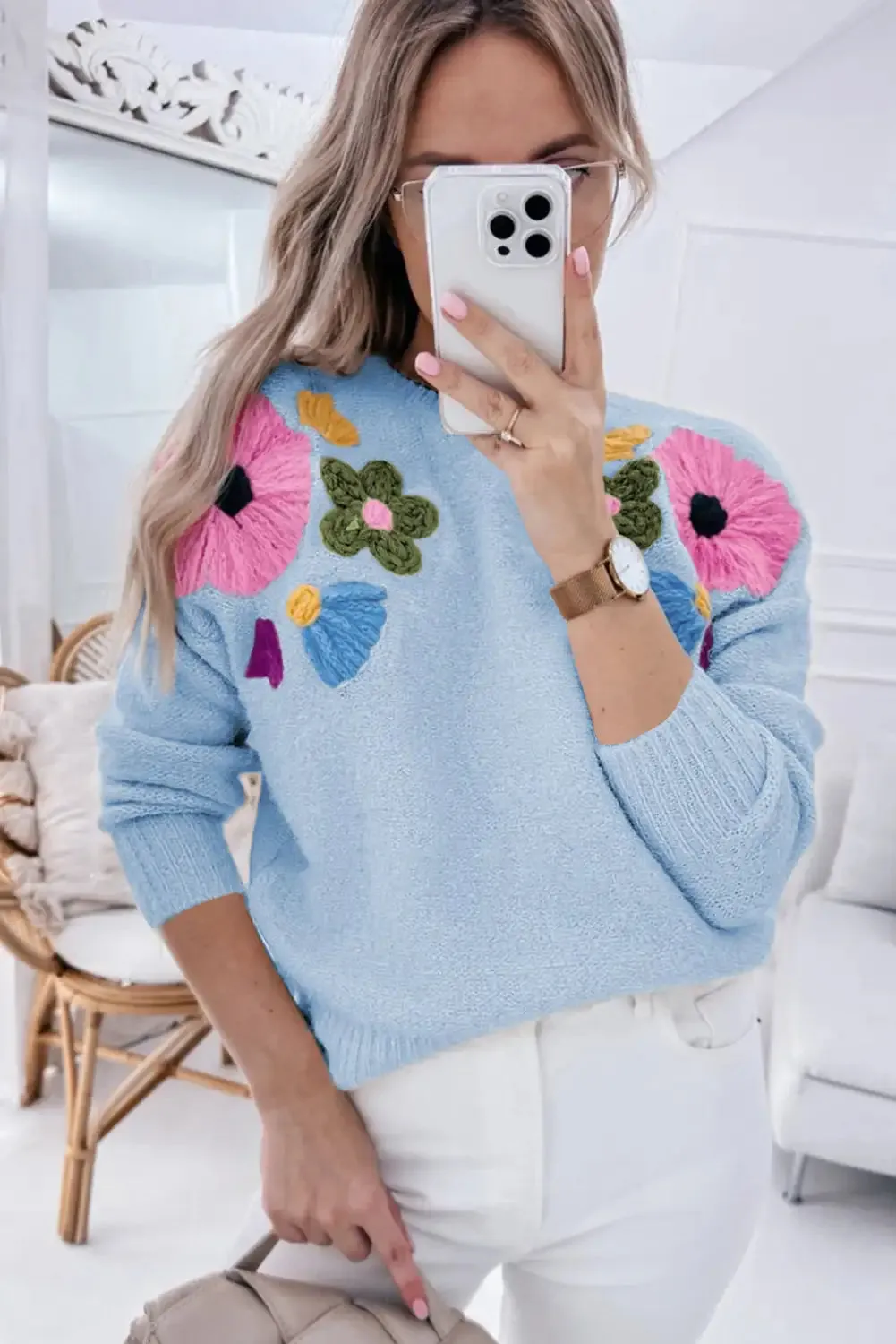 Whimsical Light Blue Knitted Flower Sweater