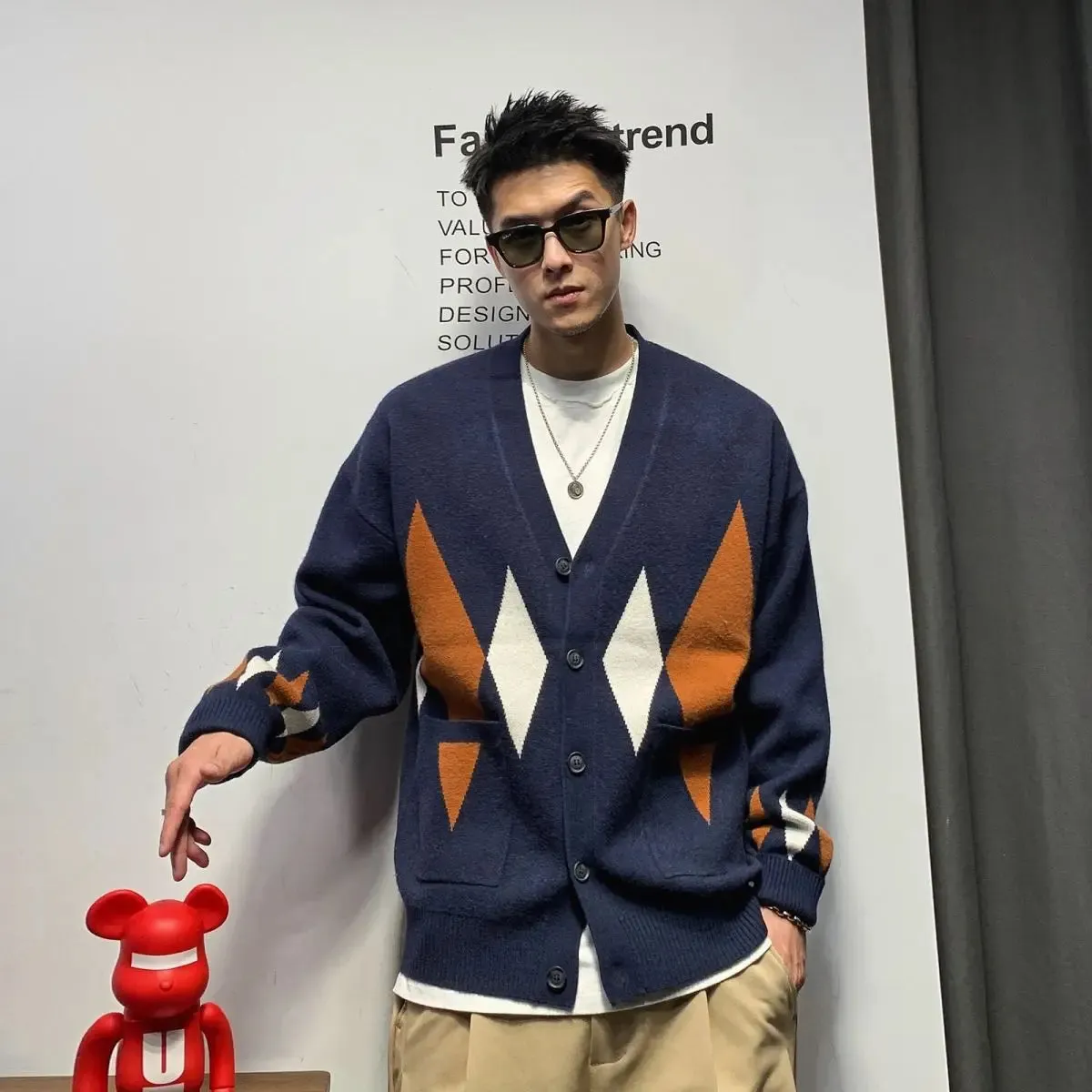 Wiaofellas  -  Large Men's Diamond Patterned Collarless Sweater Jacket Men's Spring and Autumn Retro Lazy High-end Knitted Cardigan