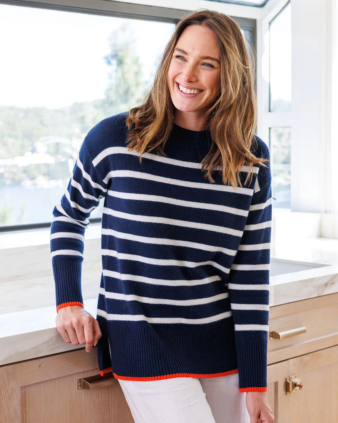 Womans Bexley Striped Crew Sweater in Navy with Ivory and Persimmon Trim - order size down, runs large