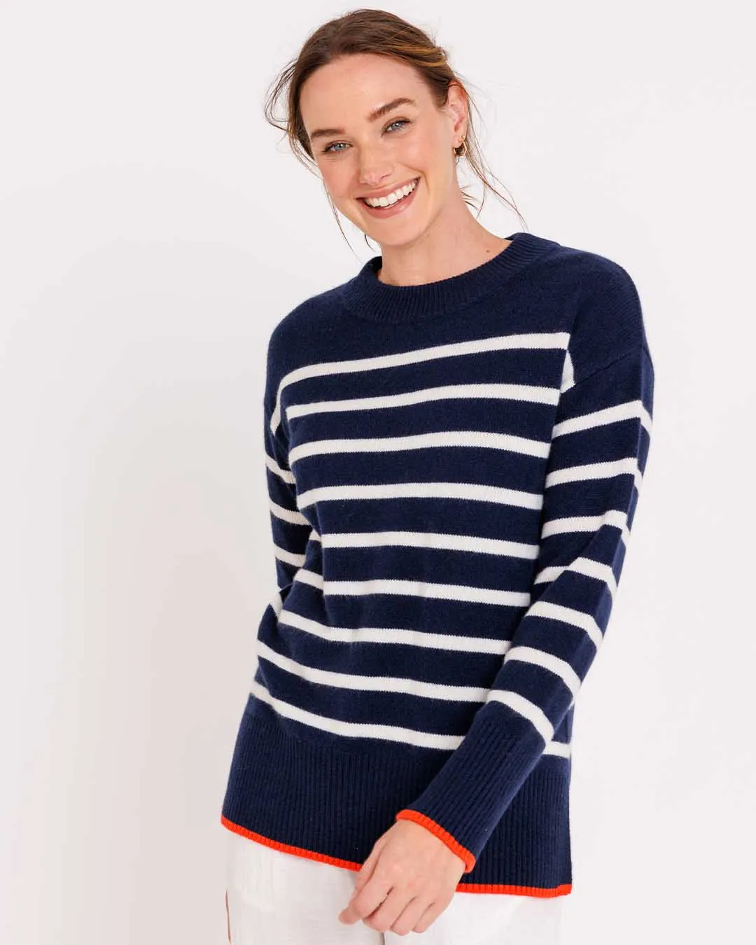 Womans Bexley Striped Crew Sweater in Navy with Ivory and Persimmon Trim - order size down, runs large