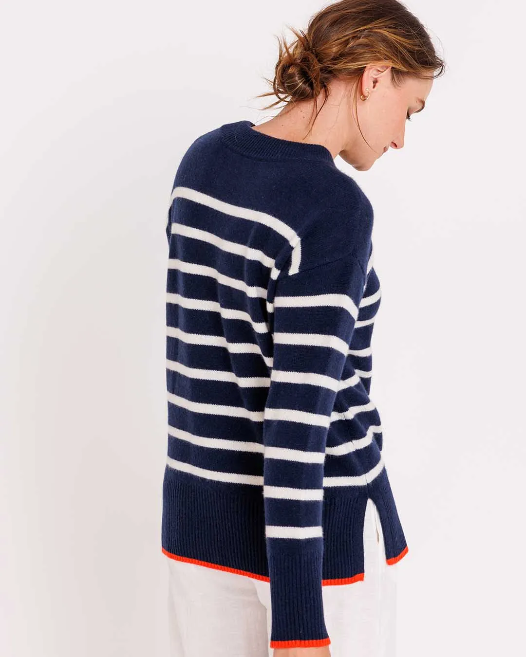 Womans Bexley Striped Crew Sweater in Navy with Ivory and Persimmon Trim - order size down, runs large